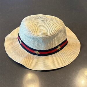 Authentic Gucci Bee-Embellished Woven Panama Hat with striped ribbon band UNISEX